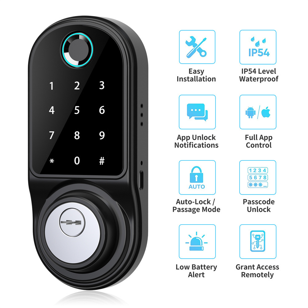 Touch Screen Panel Black Wifi Glass Digitizersmart Lock Keyless Hotel Apartment Smart Digital Door Lock USB Back-up Waterproof