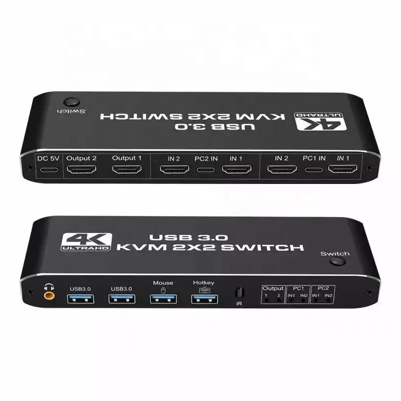 HG KVM Switch HDMI 2 Port USB 3.0 KVM Switcher Selector Box Support 4K@60Hz Resolution for 2 Computers Share Mouse Keyboard