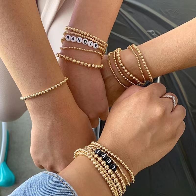 Tarnish Free Waterproof PVD Jewelry Stainless Steel Stretchy Gold Beads Adjustable Beaded Bracelets Women