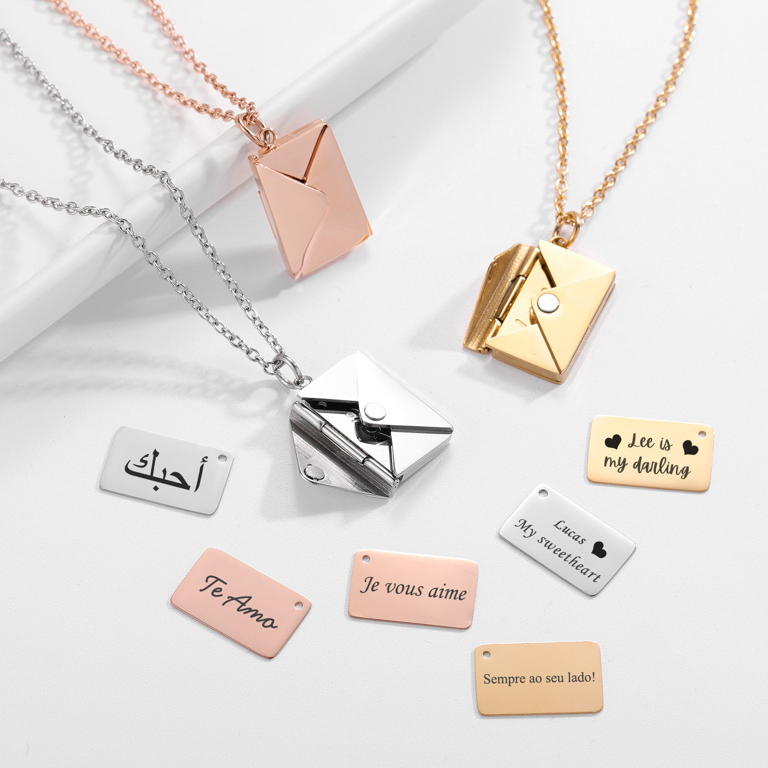 Stainless Steel Blank Engraved Lettering Pendant Gold Valentines Mothers Day Gifts Envelope Necklace