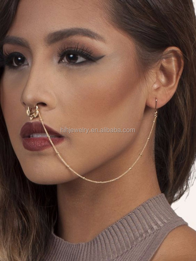 2023 fashion  non piercing nose ring with earring chain wholesale indian jewelry