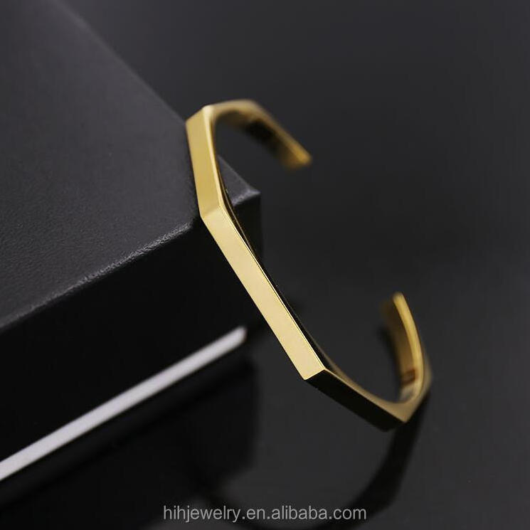 Custom Logo 18k Gold Plated Jewelry 4MM Customized Adjustable Engraved Hexagon Mans Cuff Stainless Steel Bracelet Men