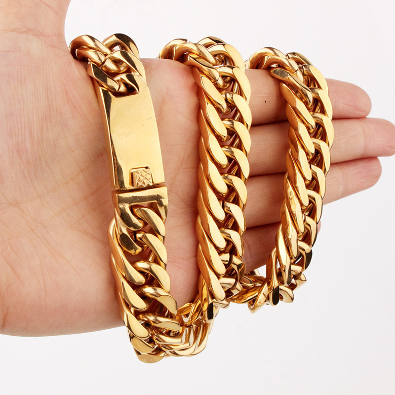 18K gold plated HipHop stainless steel Saudi gold chain byzantine gold necklace Cuban link chain for men