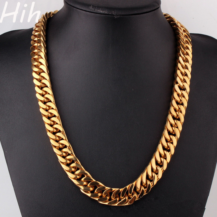 18K gold plated HipHop stainless steel Saudi gold chain byzantine gold necklace Cuban link chain for men