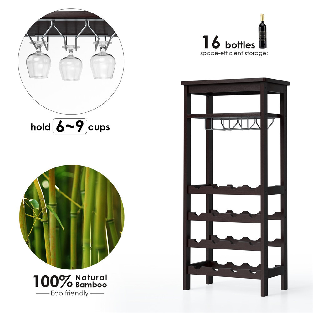 Caoxian Hi Home Bamboo Wine Rack Free Standing Wine Holder Display Shelves with Glass Holder Rack