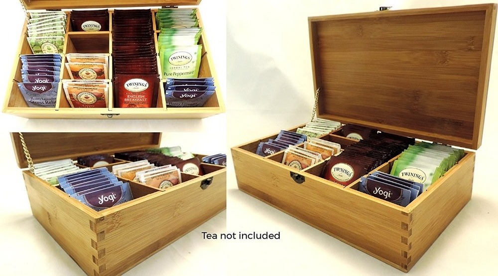 Adjustable Tea Box 128 Tea Bag Storage Organizer Bamboo box With Latching Lid