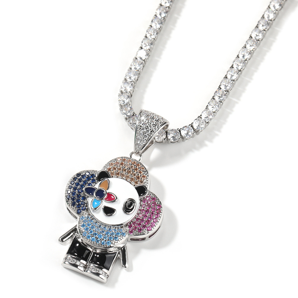 Iced out full diamond Dainty Panda Pendant hip hop Colorful  CZ Stone Cartoon Cute Necklace for men women