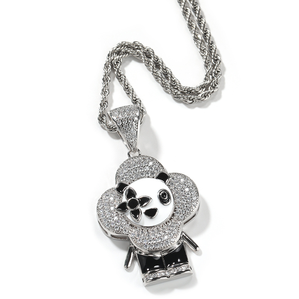 Iced out full diamond Dainty Panda Pendant hip hop Colorful  CZ Stone Cartoon Cute Necklace for men women