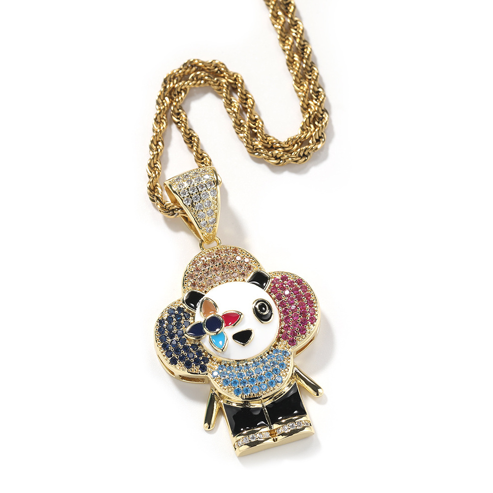 Iced out full diamond Dainty Panda Pendant hip hop Colorful  CZ Stone Cartoon Cute Necklace for men women