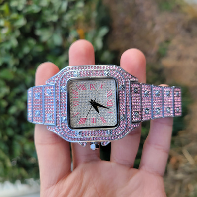 Silver Plated Iced Out Diamonds Square Watch Hip Hop Luxury Waterproof Full Pink Blue CZ Quartz Watch For Women Man Jewelry