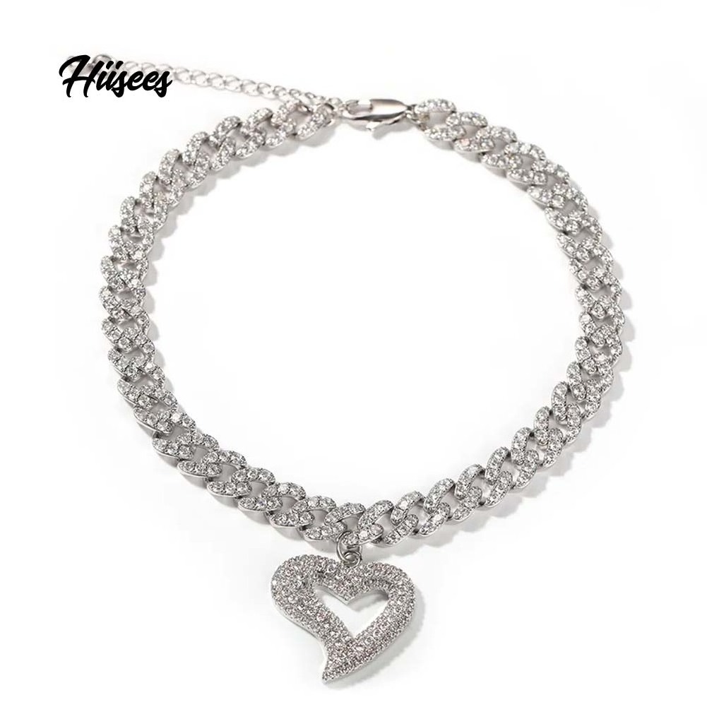 Hip hop 9mm Cuban Link Chain CZ Heart Heart Pendant Anklet Adjustable Women Man Anklets With Extension Chain