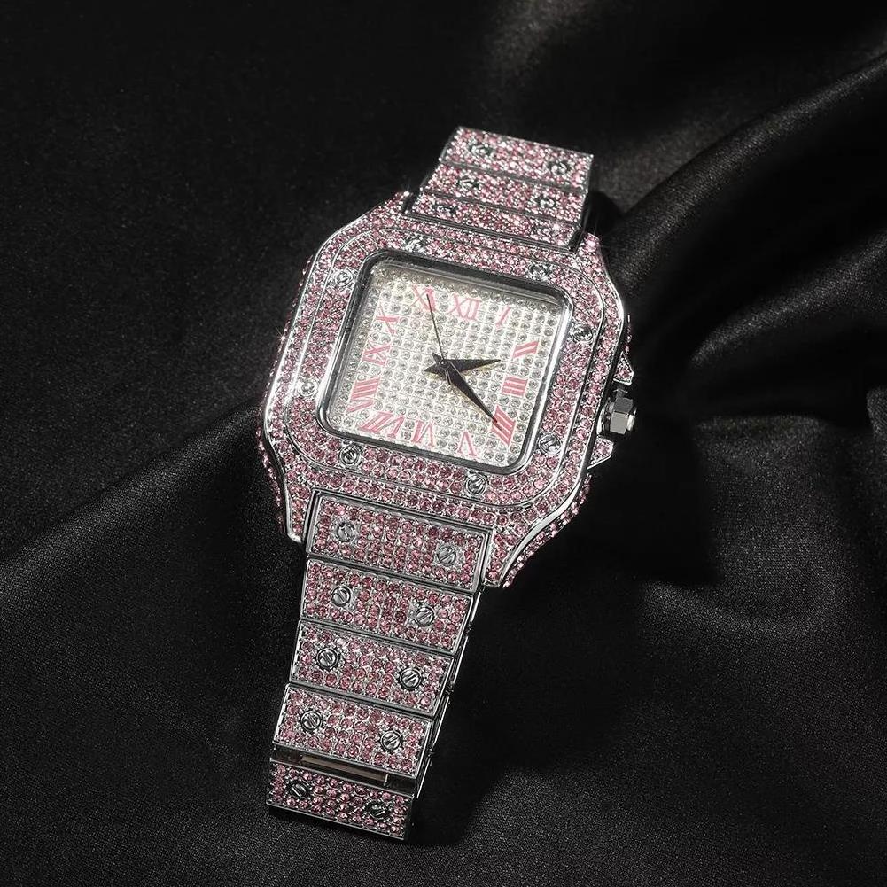 Silver Plated Iced Out Diamonds Square Watch Hip Hop Luxury Waterproof Full Pink Blue CZ Quartz Watch For Women Man Jewelry