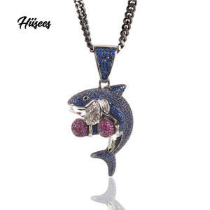 Hip Hop Copper 18K Real Gold Plated Colorful Cubic Zirconia Micro Insert Cute Boxing Shark Pendant Twist Chain Necklace For Men