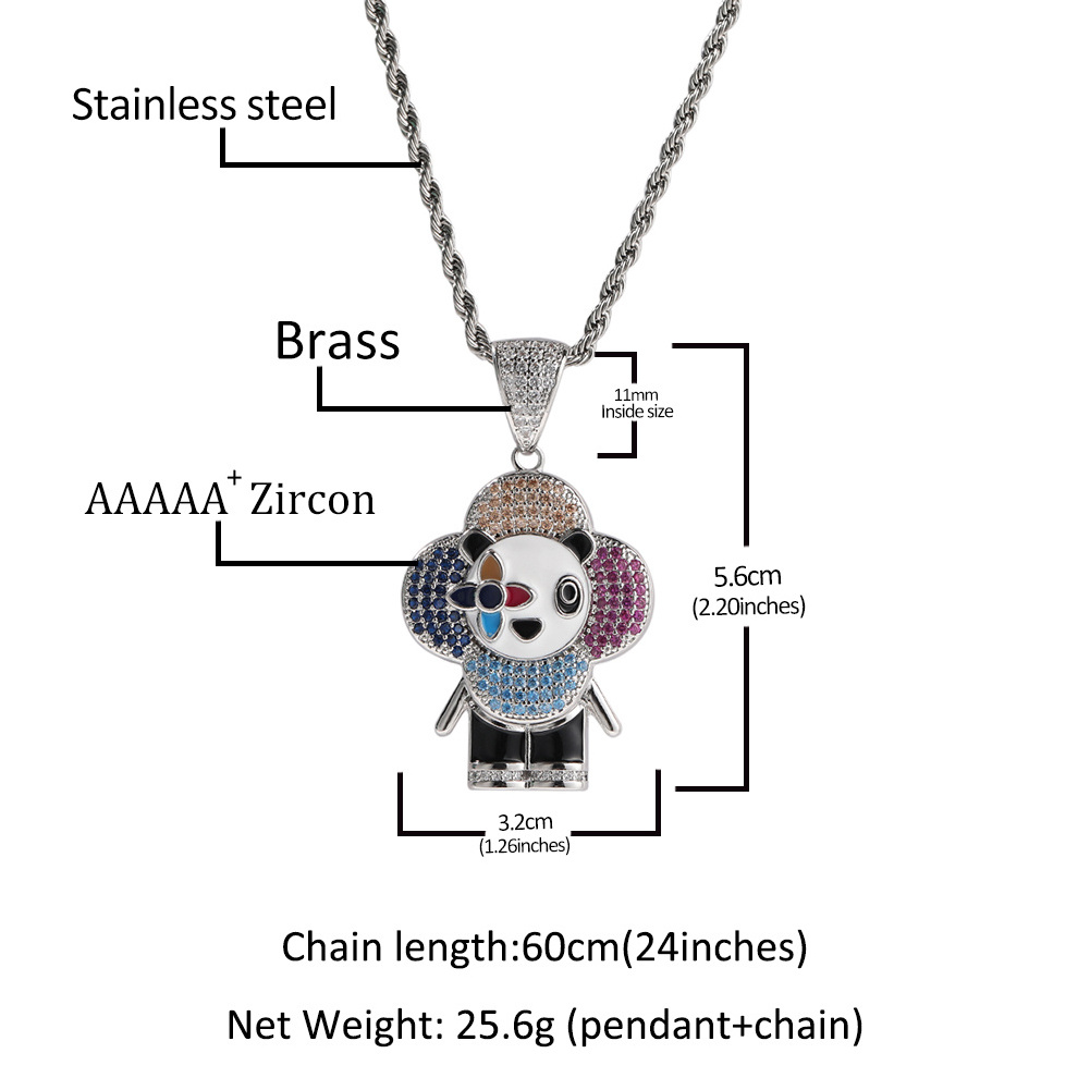 Iced out full diamond Dainty Panda Pendant hip hop Colorful  CZ Stone Cartoon Cute Necklace for men women