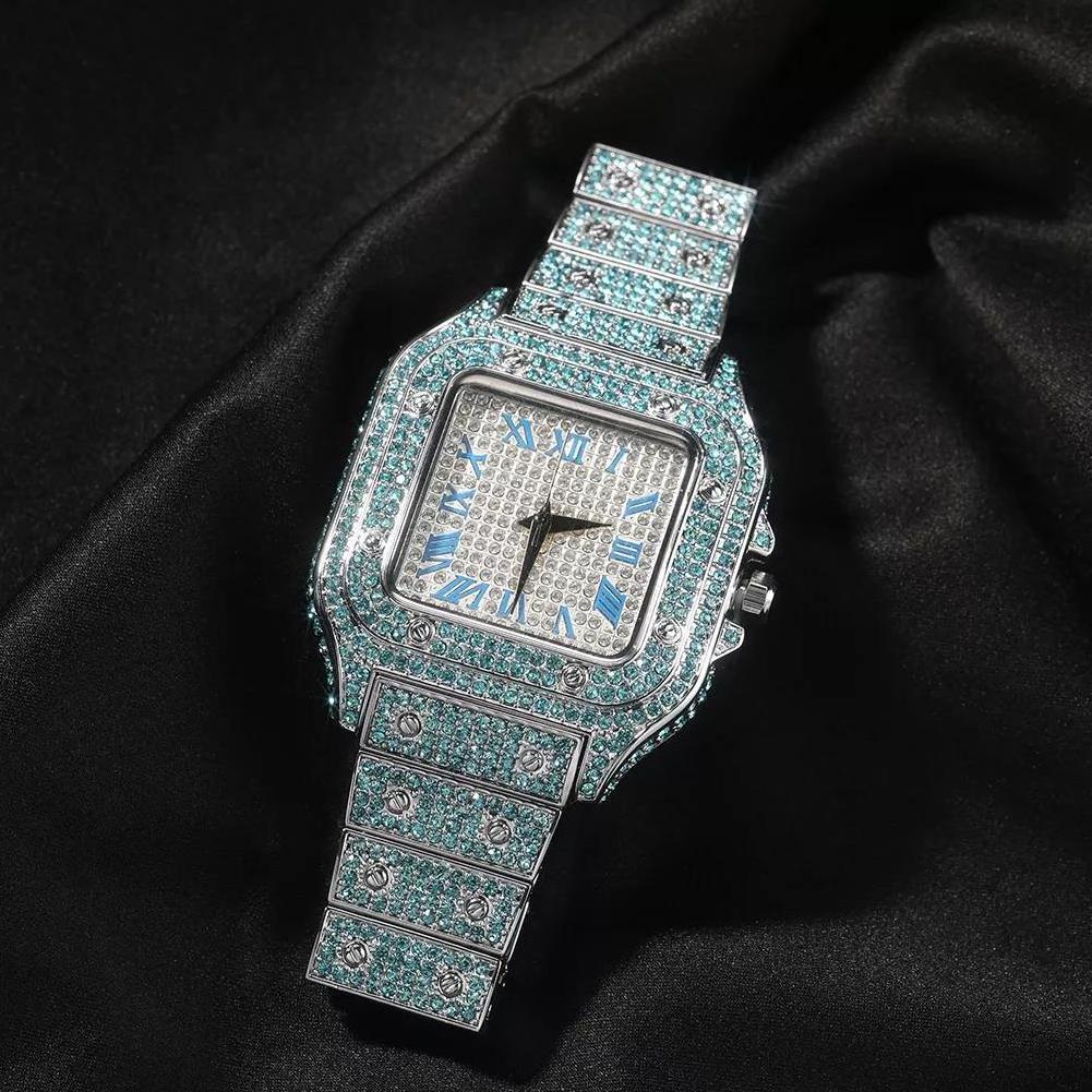 Silver Plated Iced Out Diamonds Square Watch Hip Hop Luxury Waterproof Full Pink Blue CZ Quartz Watch For Women Man Jewelry