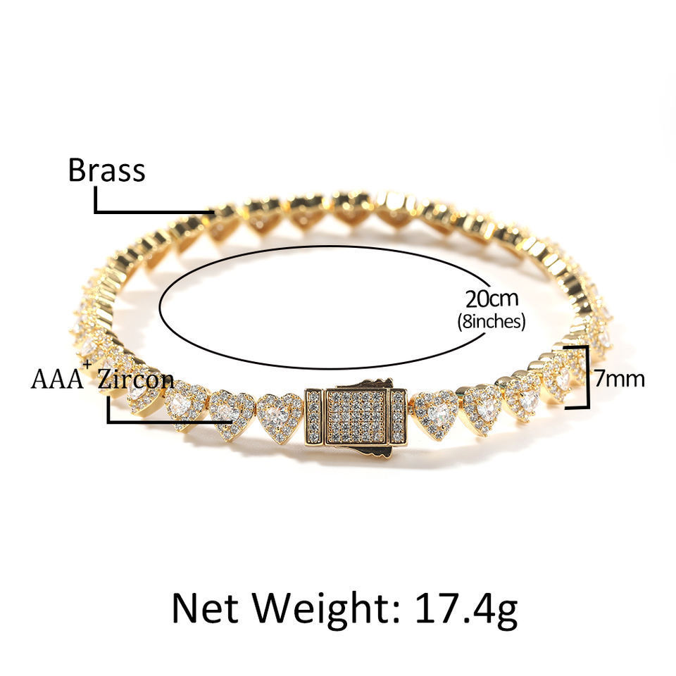 Bling Double Layer Heart Shape CZ Bracelet Iced Out real 18k gold plated Heart Tennis Bracelet Charms Gift for Women