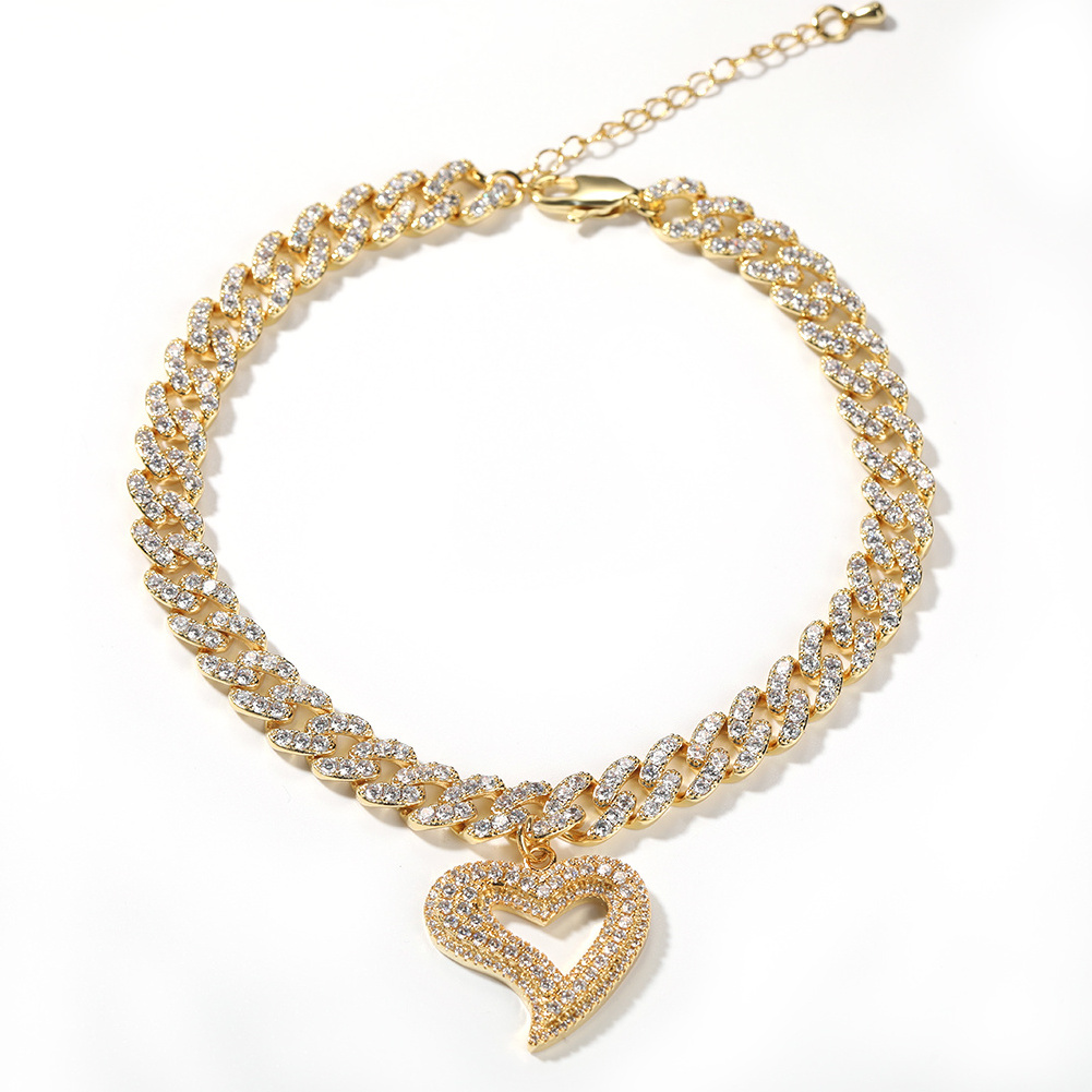 Hip hop 9mm Cuban Link Chain CZ Heart Heart Pendant Anklet Adjustable Women Man Anklets With Extension Chain