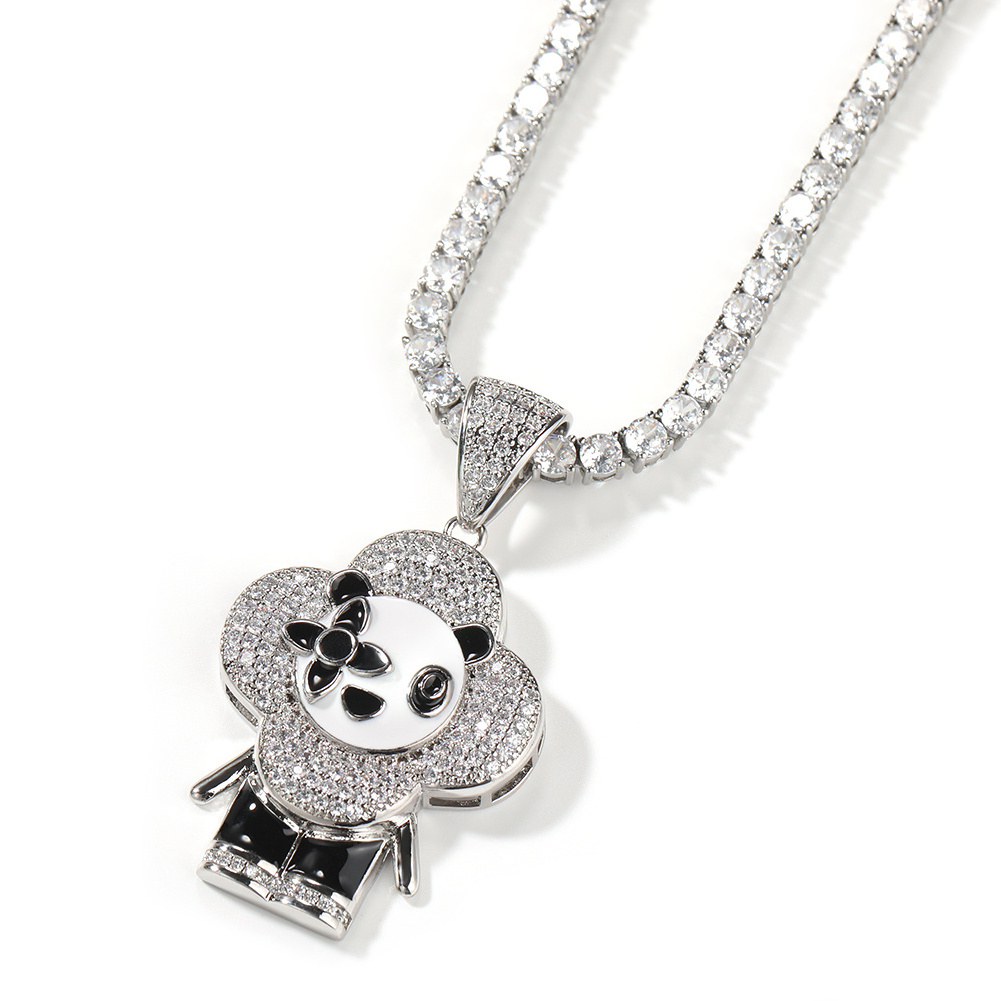 Iced out full diamond Dainty Panda Pendant hip hop Colorful  CZ Stone Cartoon Cute Necklace for men women