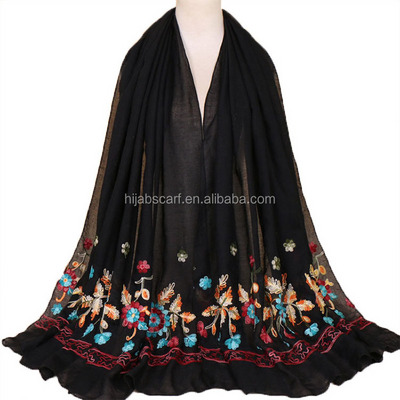 Fashion Wraps Floral Embroidery Hijab Headscarf Muslim Pashmina Shawl Cotton Scarf For Woman