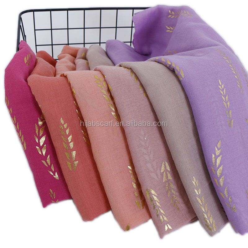 Wholesale Fashion Spring Plain Muslim Tudung Gold Glitter Leaves Shawl Cotton Hijab Scarf For Woman