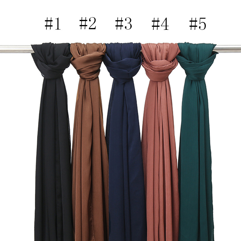 Best Selling Women Malaysia Tudung Muslim Scarves Plain Satin Silk Shawls Chiffon Hijab Crinkle Scarf