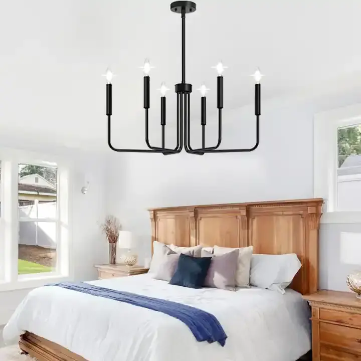 DOPWII Black 6-Light Chandeliers Classic Candle Ceiling Pendant Light Fixture Wrought Iron Farmhouse Chandelier Kitchen Island