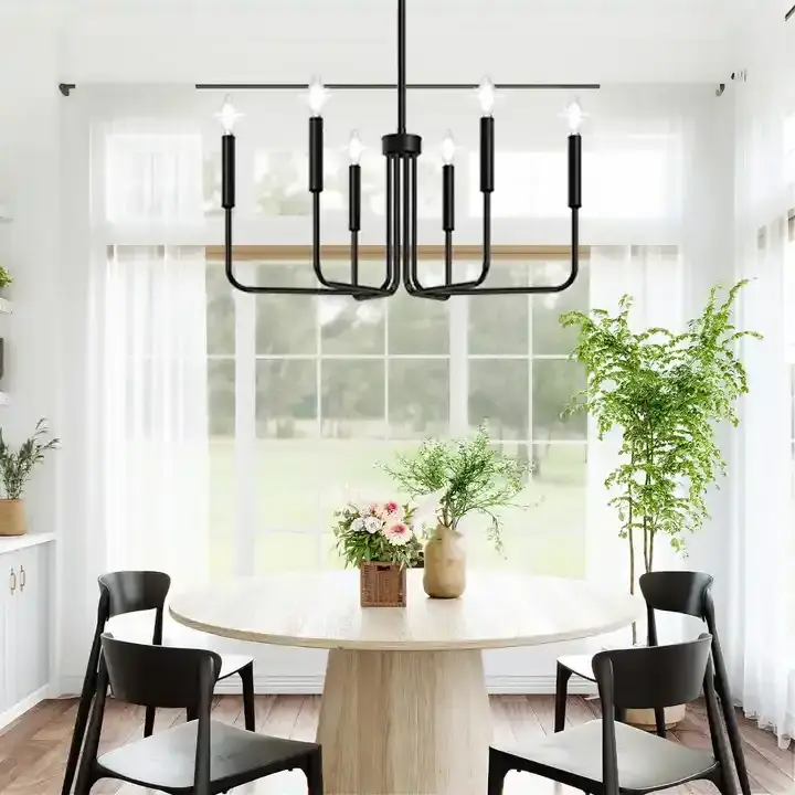 DOPWII Black 6-Light Chandeliers Classic Candle Ceiling Pendant Light Fixture Wrought Iron Farmhouse Chandelier Kitchen Island