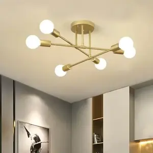 DOPWII Modern 6 Lights Semi-Flush Ceiling Light Adjustable Arm Pendant Light For Kitchen Gold