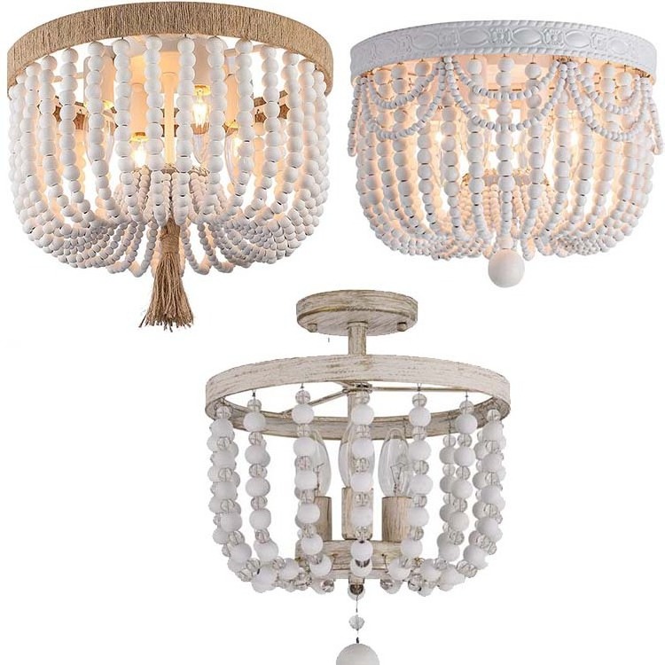 DOPWII Boho Wood Bead Ceiling Light Antique Recessed ceiling lamp hemp rope chandelier