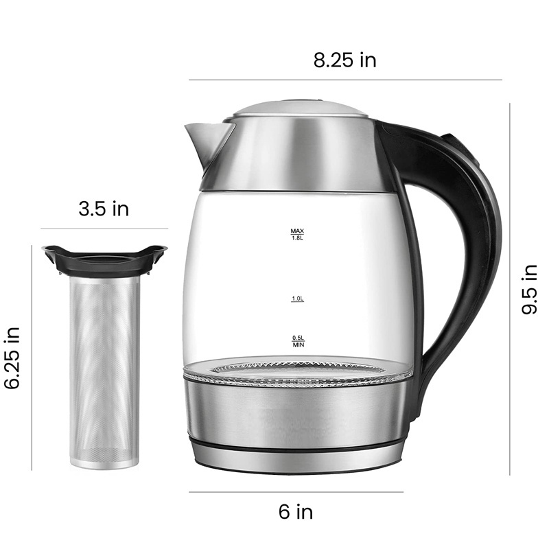 1.8 Liters Fast Boiling Electric Glass Kettle With Removable Tea Infuser And Cordless 360 Degree Rotational Base