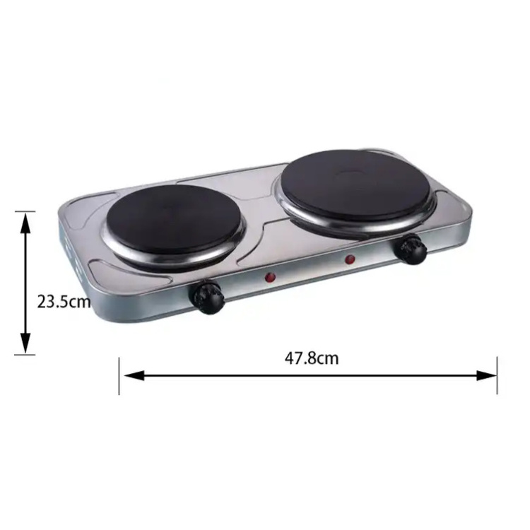 Home Kitchen Square Stainless Steel Electric Stove 2 Hot Plate Cooker 2000W Solid Cooking Plate Electric Cooking Stove