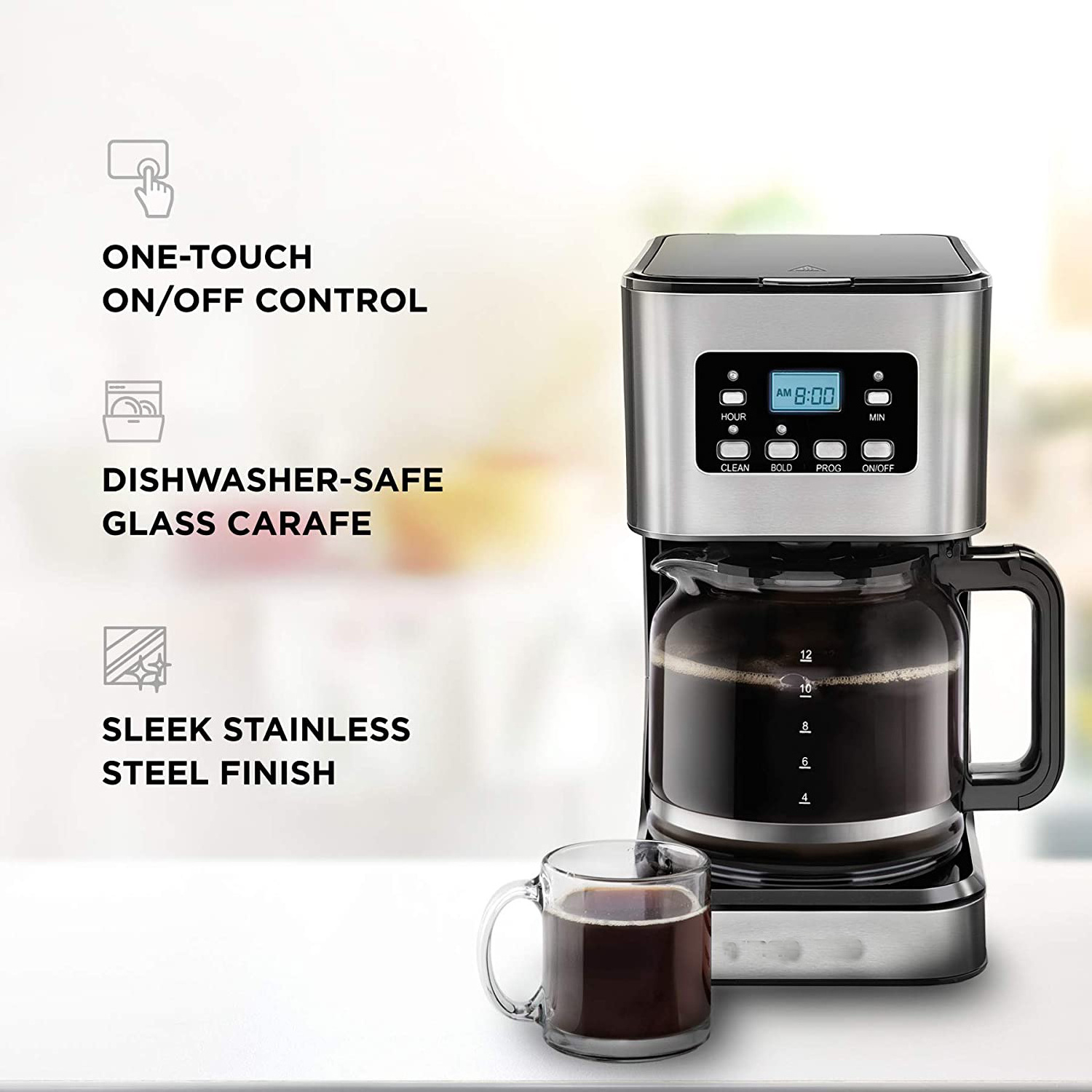 High Quality 1.5L 12 Cup Electric Household Stainless Steel Coffee Maker with LCD Display for sale