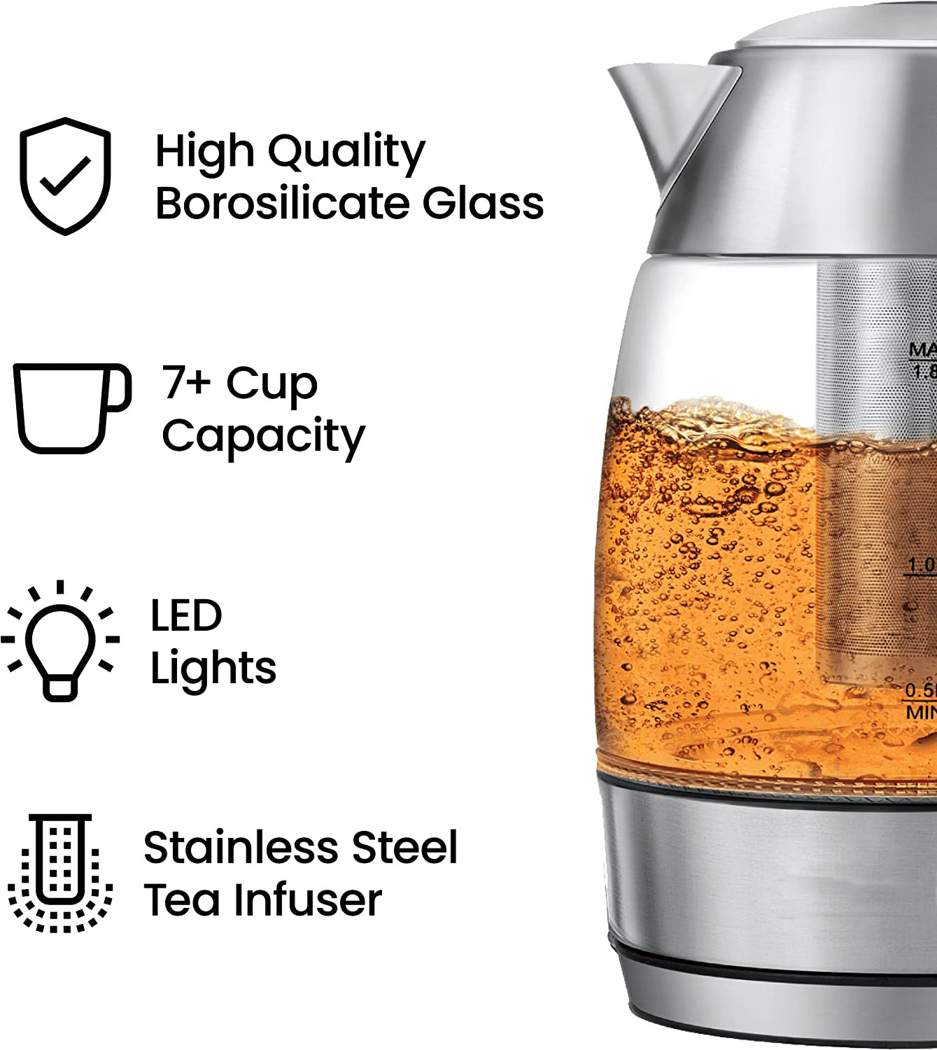 1.8 Liters Fast Boiling Electric Glass Kettle With Removable Tea Infuser And Cordless 360 Degree Rotational Base