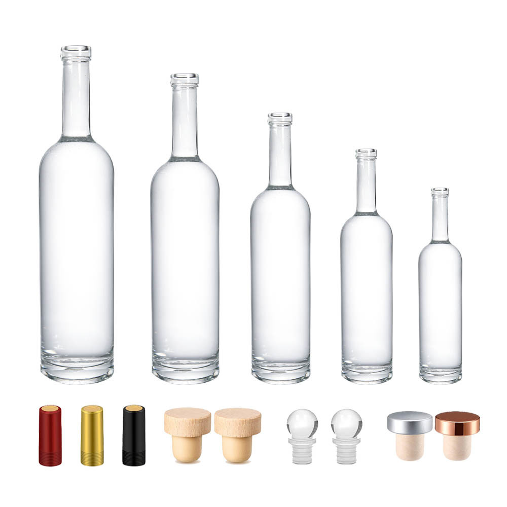 Empty Clear Round 200ml 375ml 500ml 750ml 1000ml Glass Liquor Wine Whisky Bottle Long Neck Empty Spirit Glass Bottle