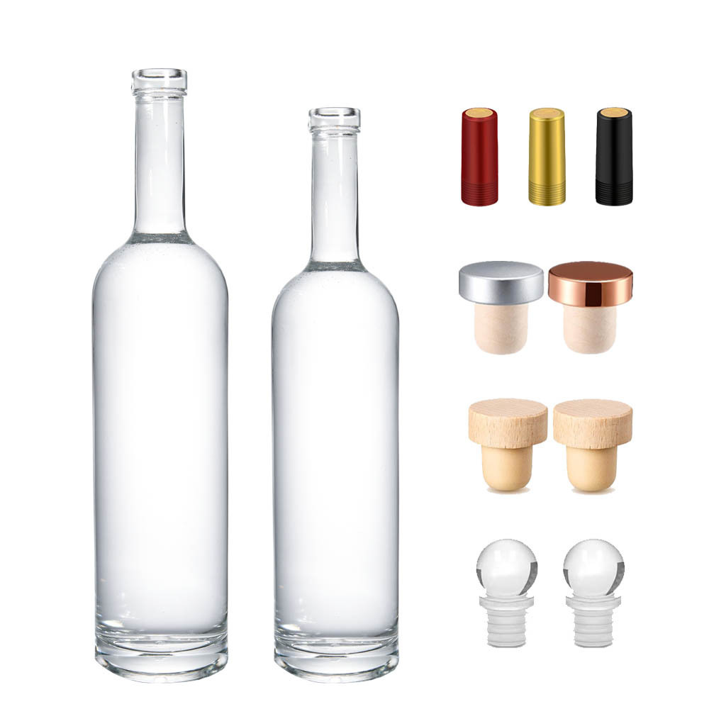 Empty Clear Round 200ml 375ml 500ml 750ml 1000ml Glass Liquor Wine Whisky Bottle Long Neck Empty Spirit Glass Bottle