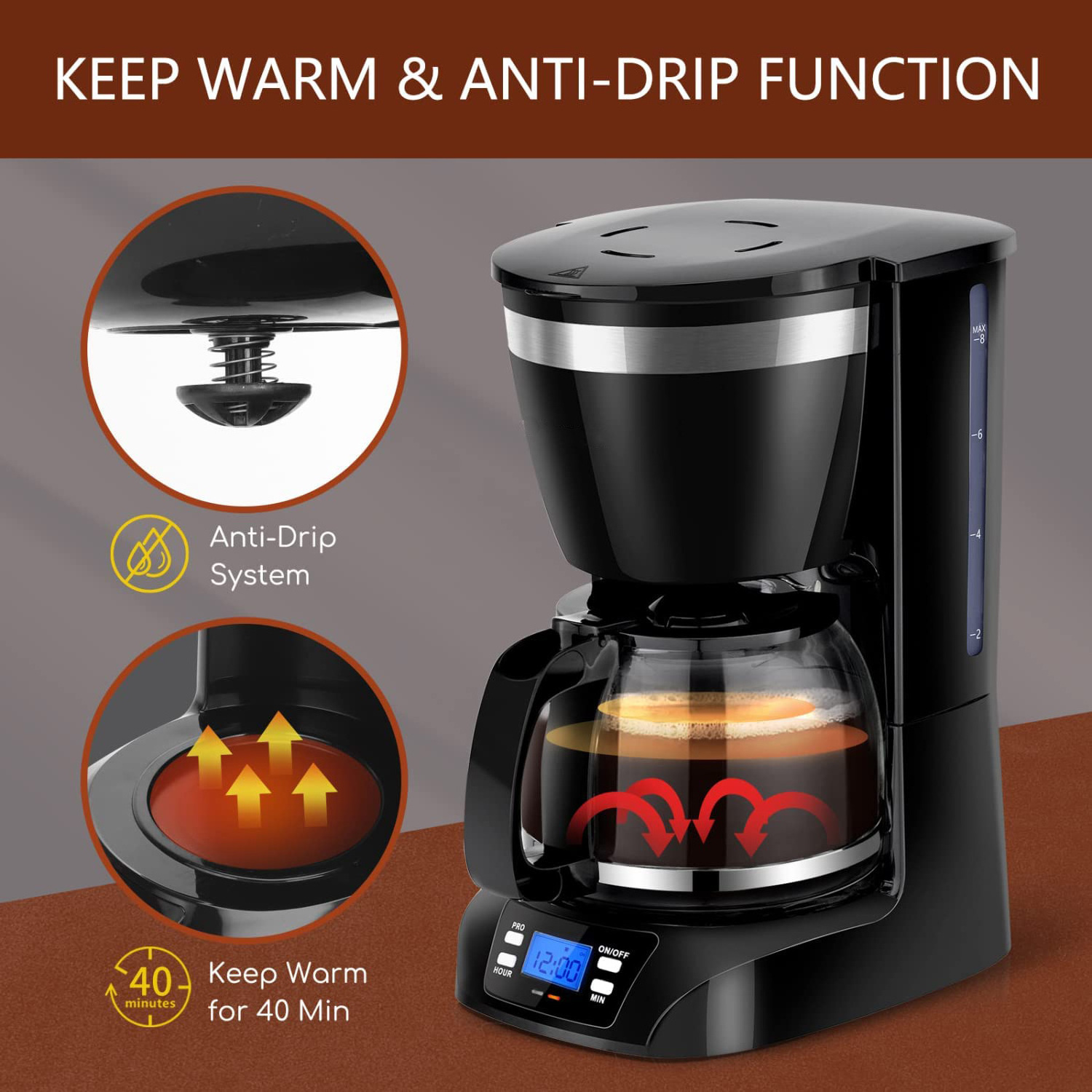 10 Cup Coffee Maker Drip Coffee Maker with Glass Carafe Programmable Coffee Maker 24H Timer and Anti-Drip System Auto Keep Warm