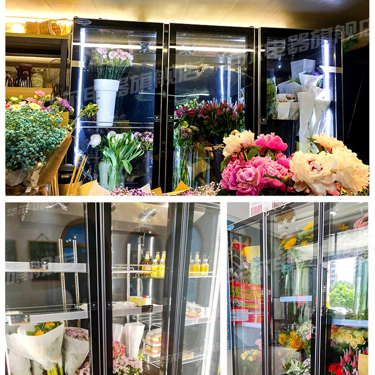 2023 Three Doors Large Capacity LED Light Keep Fresh Flower Glass Display Coolers Refrigerator