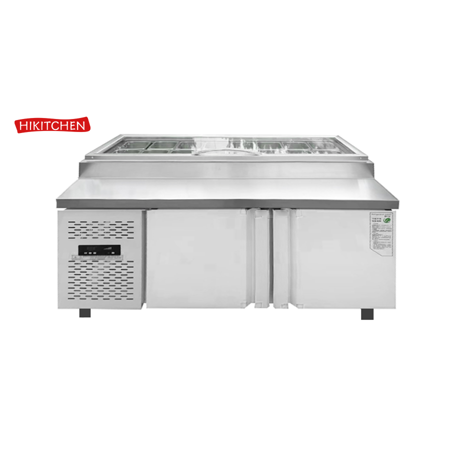 Commercial Refrigeration Stainless Steel Pizza Prep Station Refrigerator Salad Tables With Food Container