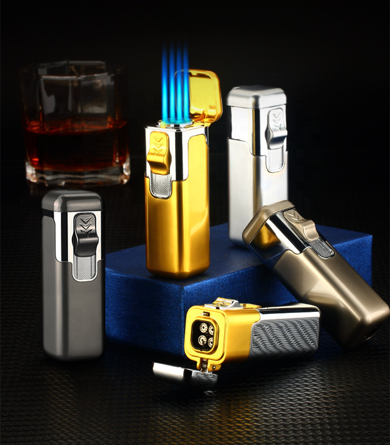 HOT sell  Strong windproof four Straight blue Flames Smoking Jet torch Cigarette Cigar Lighter Refillable Empty