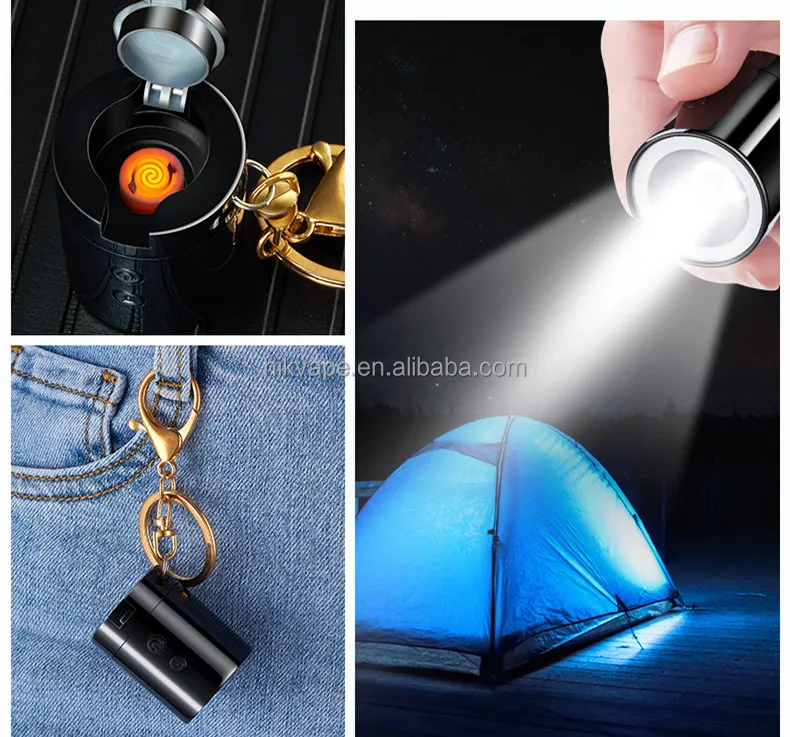 2023 new windproof key chain pendant lighter USB charging lighter with LED lighting torch cigarette lighter