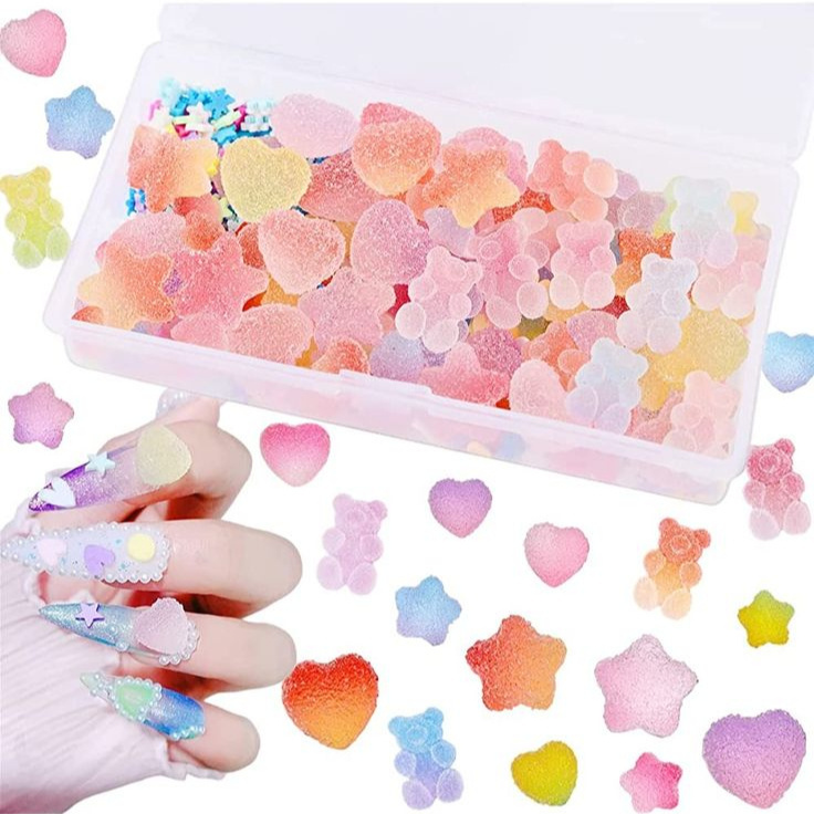 Hot Sale Kawaii cream glue cartoon bear star gummy resin nail art charm accessories gradient jelly diy 3d nail art charm