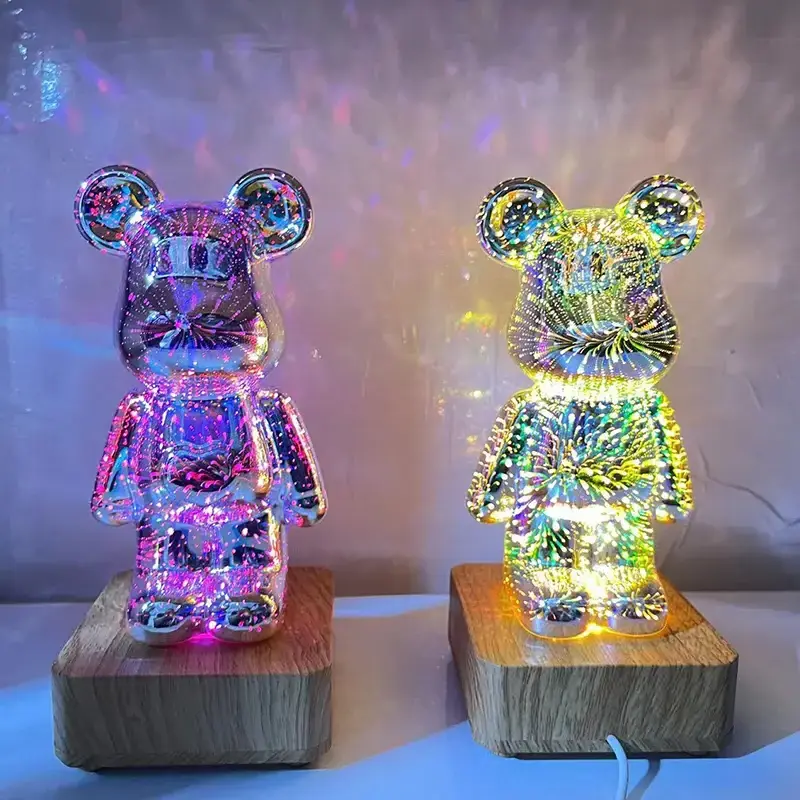 Led Fireworks Bear Atmosphere Night Light Dimmable Rechargeable Table Lamp For Bedroom Bedside Decor Valentine'S Day Party