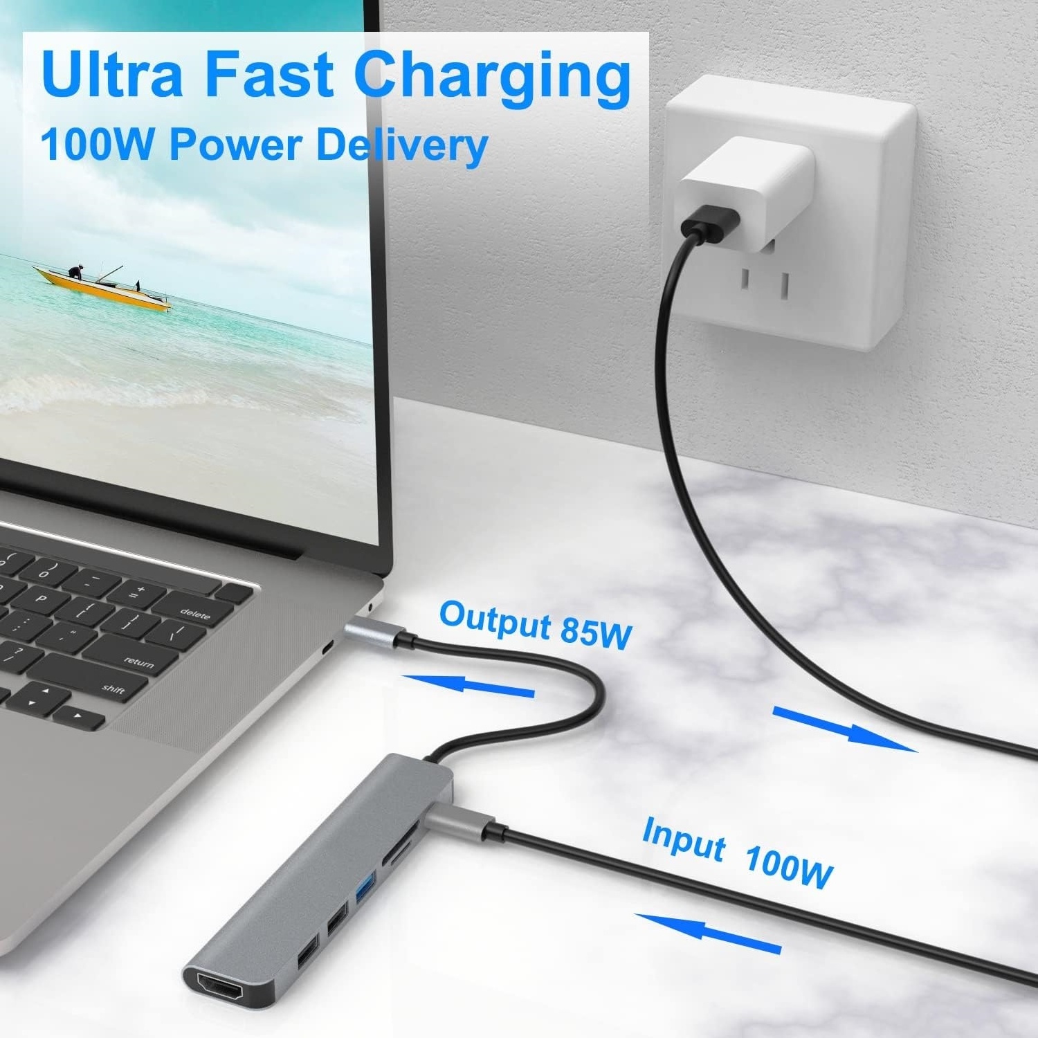 USB C Hub Adapter 7 in 1 with 4K HD Output  USB 3.0 2 USB-A  SD/TF Card Reader 100W PD Type C Devices HUB