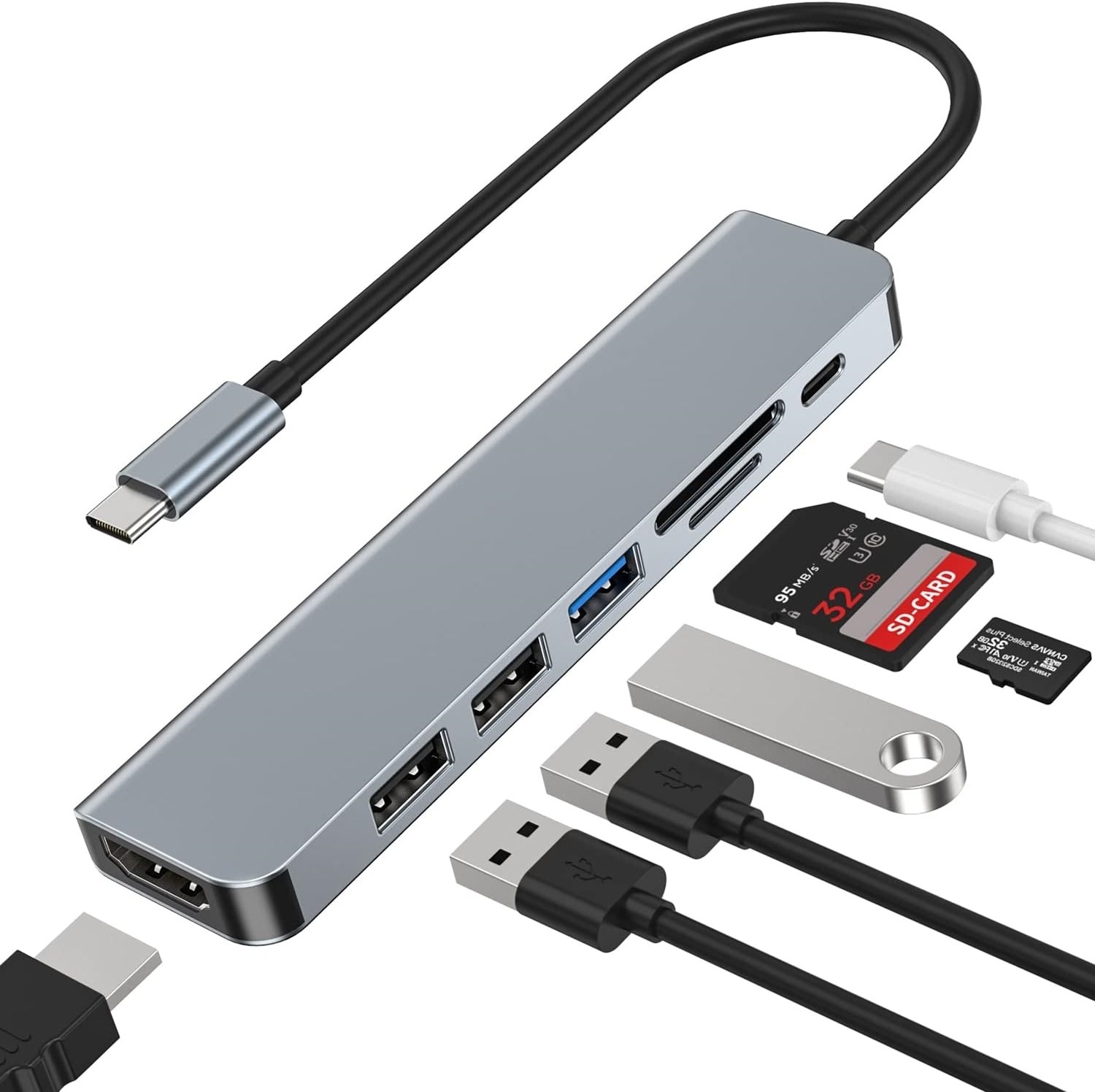 USB C Hub Adapter 7 in 1 with 4K HD Output  USB 3.0 2 USB-A  SD/TF Card Reader 100W PD Type C Devices HUB