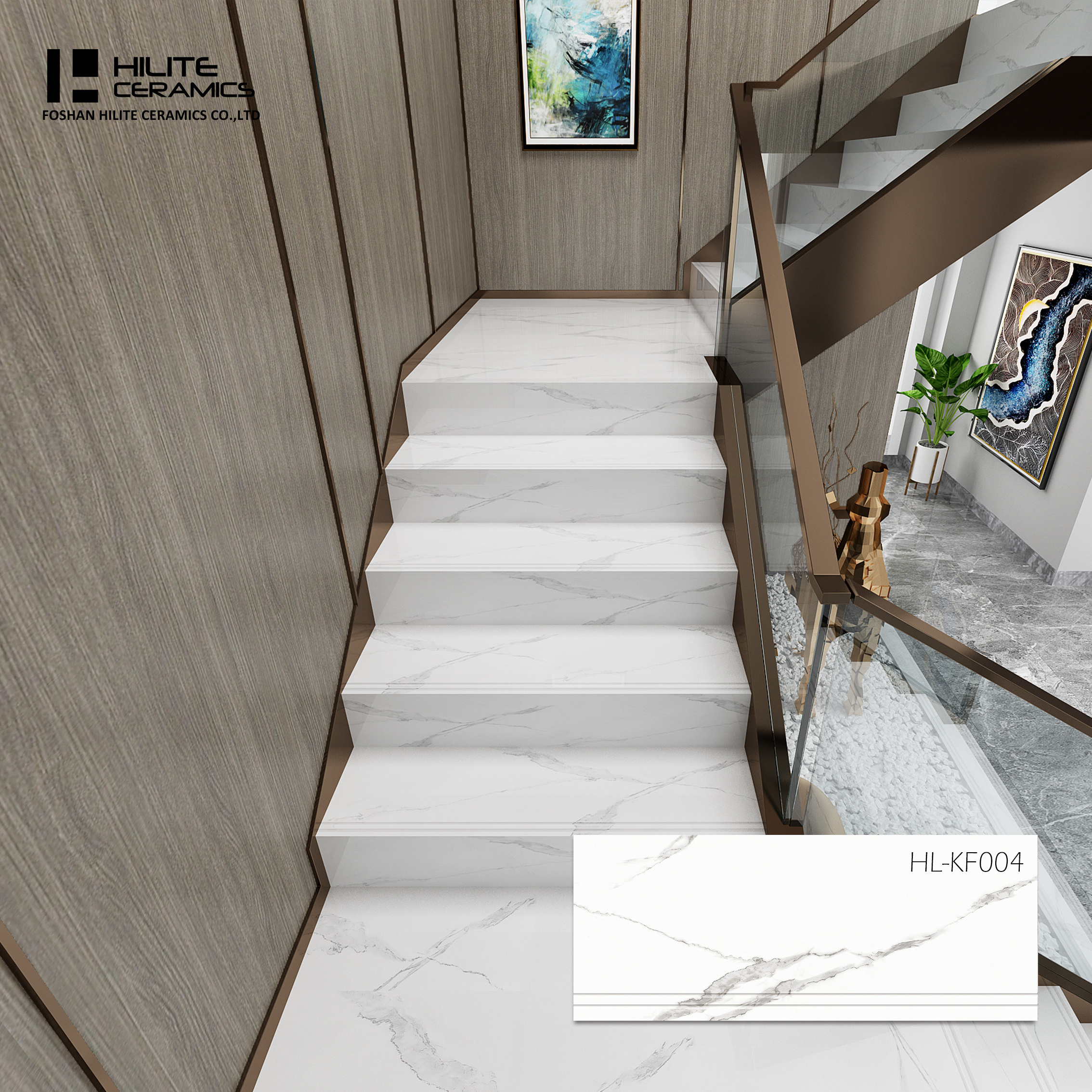 HILITE high glossy full body carrara marble look floor porcelain stairs design foshan tiles staircase steps tiles