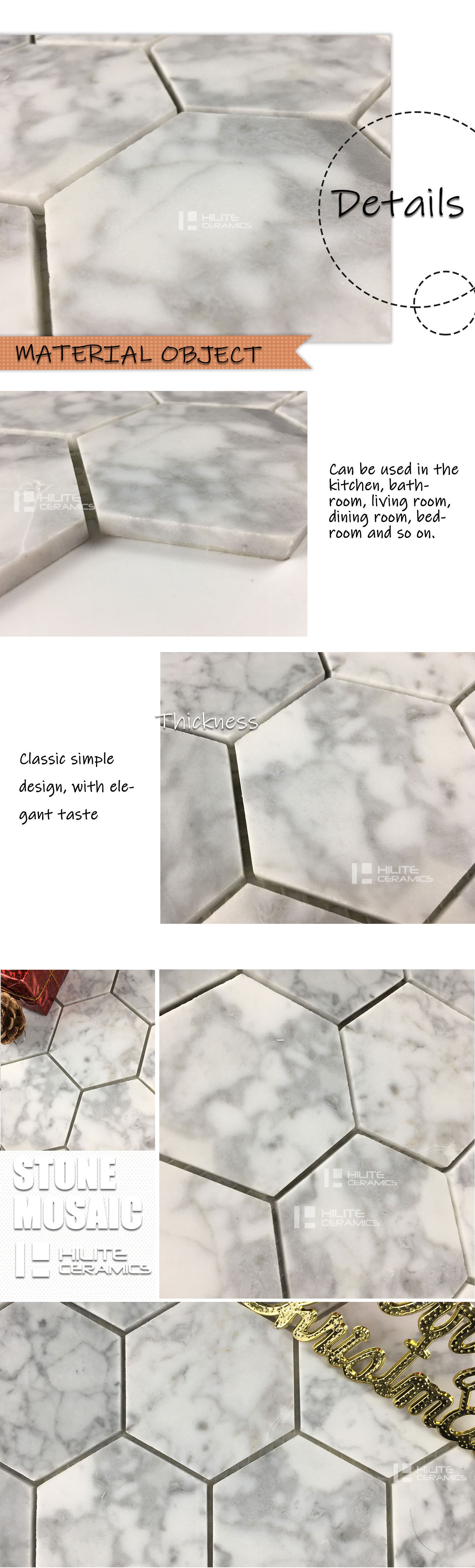 HILITE Foshan Stone Mosaic Marble Tile Decorative Kitchen Backsplash 3D Waterjet 285*300mm Glossy Hexagon Porcelain