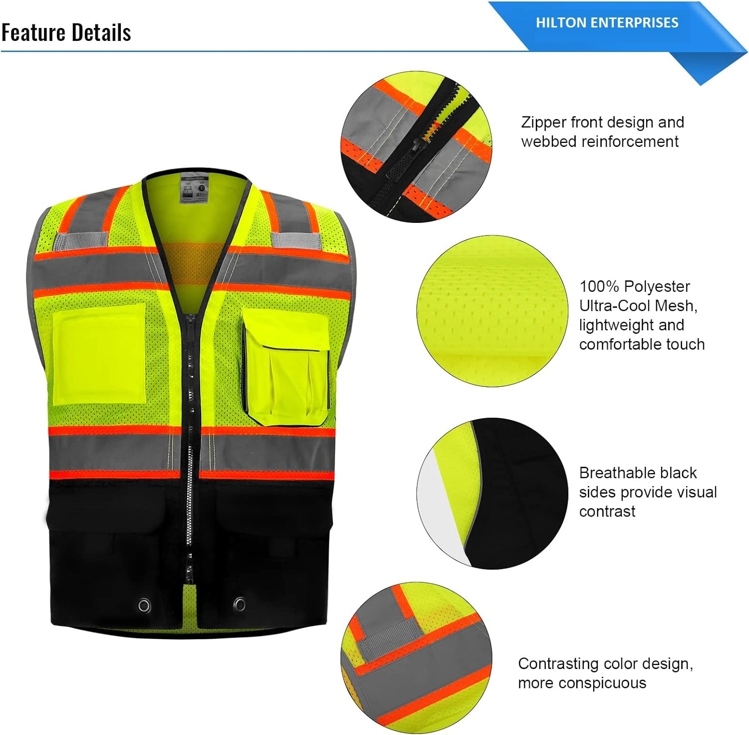 10 Pockets Professional level Safety Vest clothing hi vis safety Vest With Zipper Multi Pockets Reflective Jacket Security