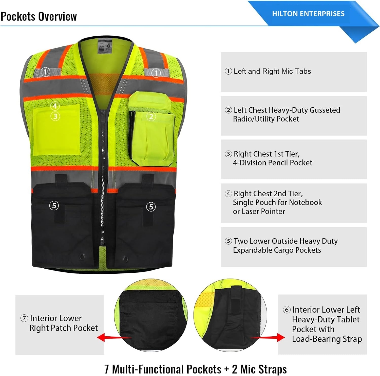 10 Pockets Professional level Safety Vest clothing hi vis safety Vest With Zipper Multi Pockets Reflective Jacket Security