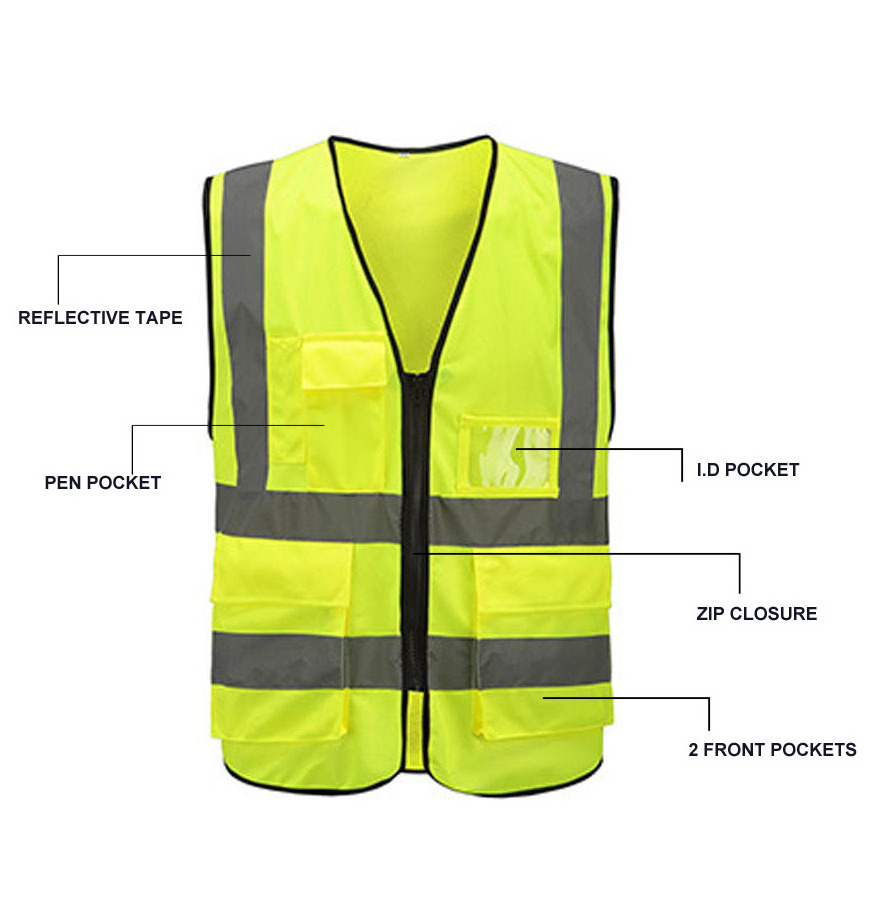 Road Safety reflective safety clothing hi vis safety Vest With Zipper  Multi Pockets Reflective Jacket Security Traffic