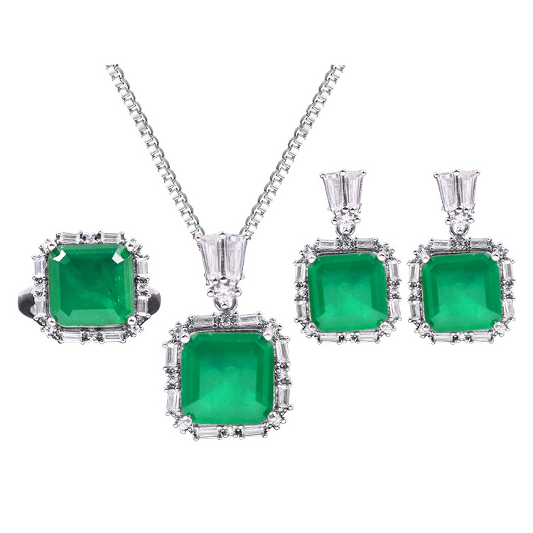 2023 colored crystal fusion stone ring synthetic emerald gemstone jewelry set for women